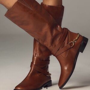 Anthropologie Matisse Brown Leather Riding Boots - Stylish Harness Detail